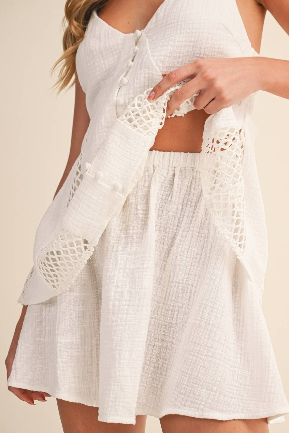 LINEN LAYERED TWO PIECE SET WITH FISHNET