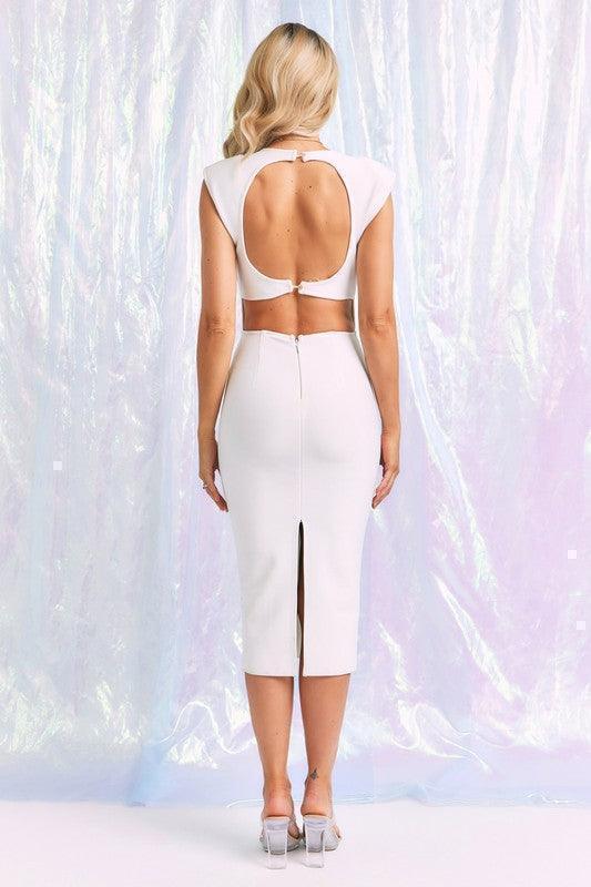BANDAGE CRISS CROSS MIDI DRESS PRIVILEGE