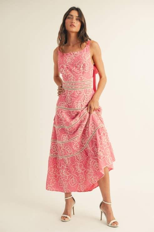 Floral Print Trim Detail Back Smoked Midi Dress