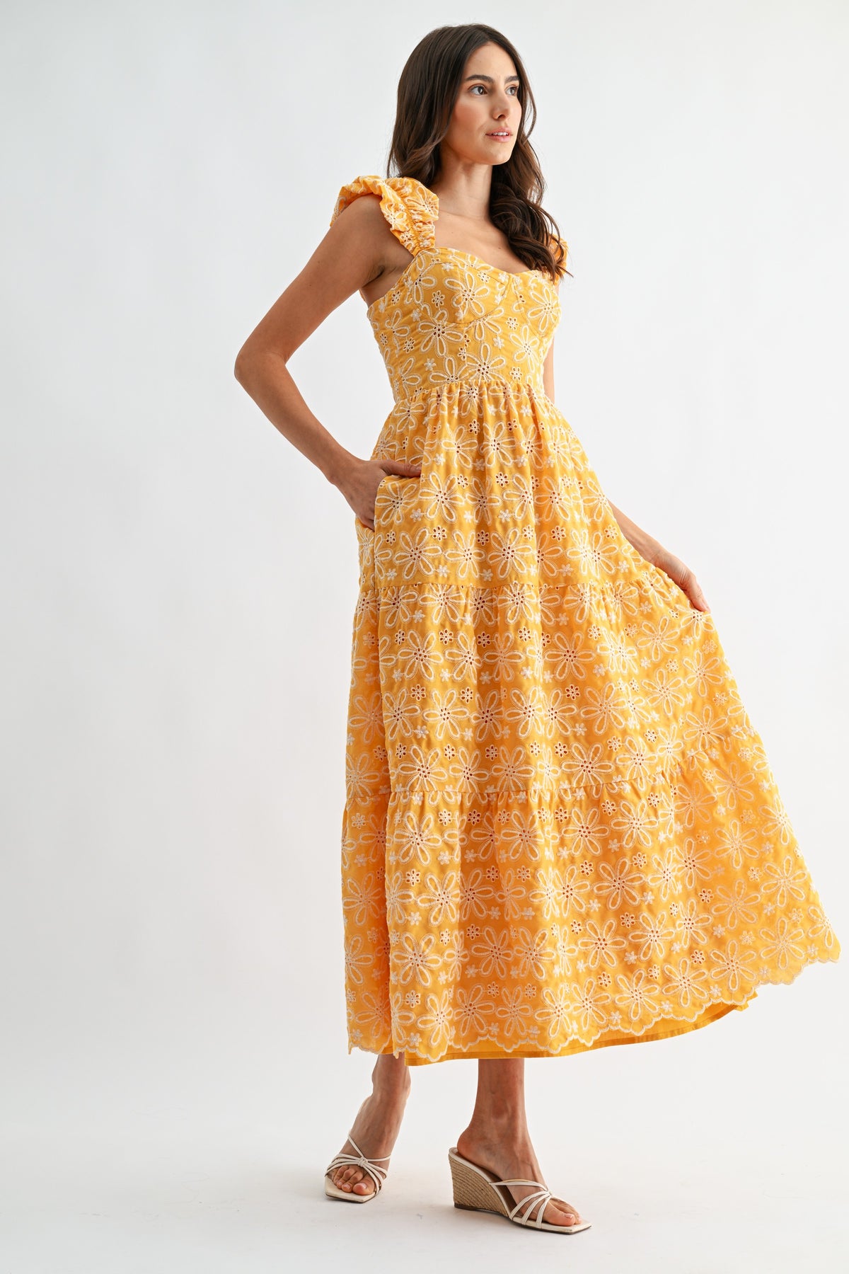 Floral Embroidered Midi Dress With Ruffle Sleeves