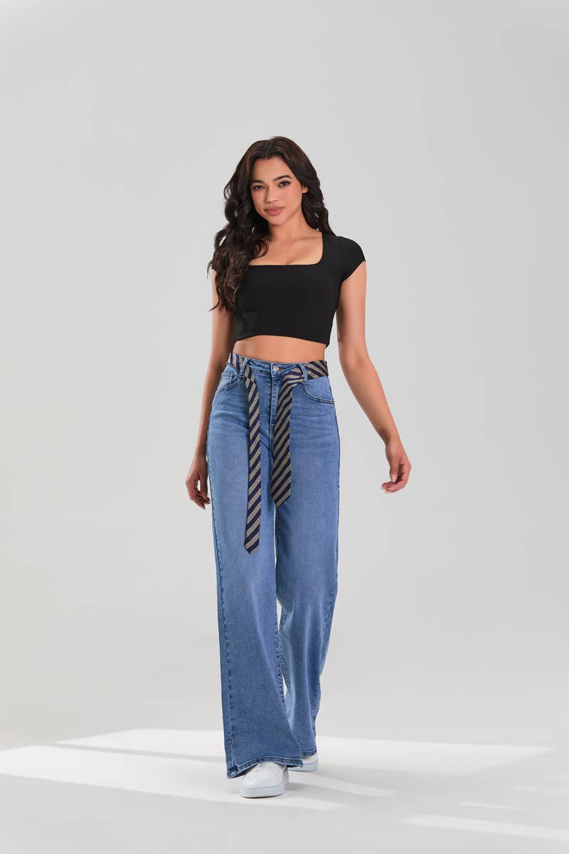 Medium Blue Bootcut Jeans with Tie Detail