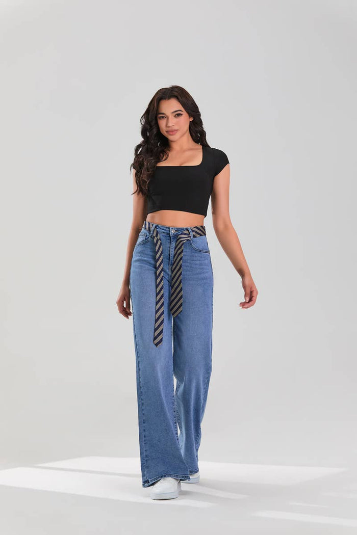 Medium Blue Bootcut Jeans with Tie Detail