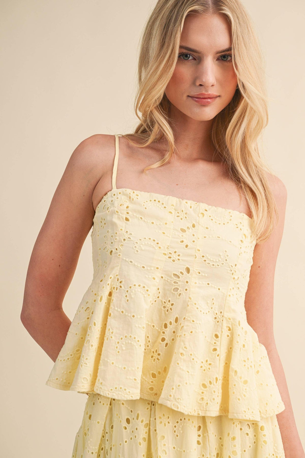 EYELET PEPLUM CAMI AND PLEATED FLARE MIDI SKIRT