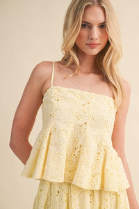 EYELET PEPLUM CAMI AND PLEATED FLARE MIDI SKIRT