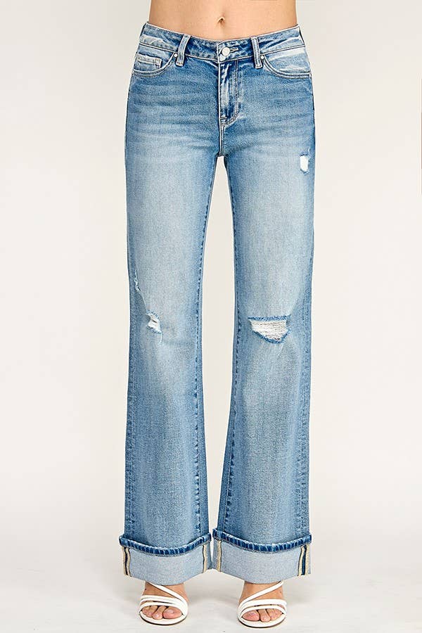 Mid Rise Vintage Flare Jeans with Cuffed Hem — Light Wash
