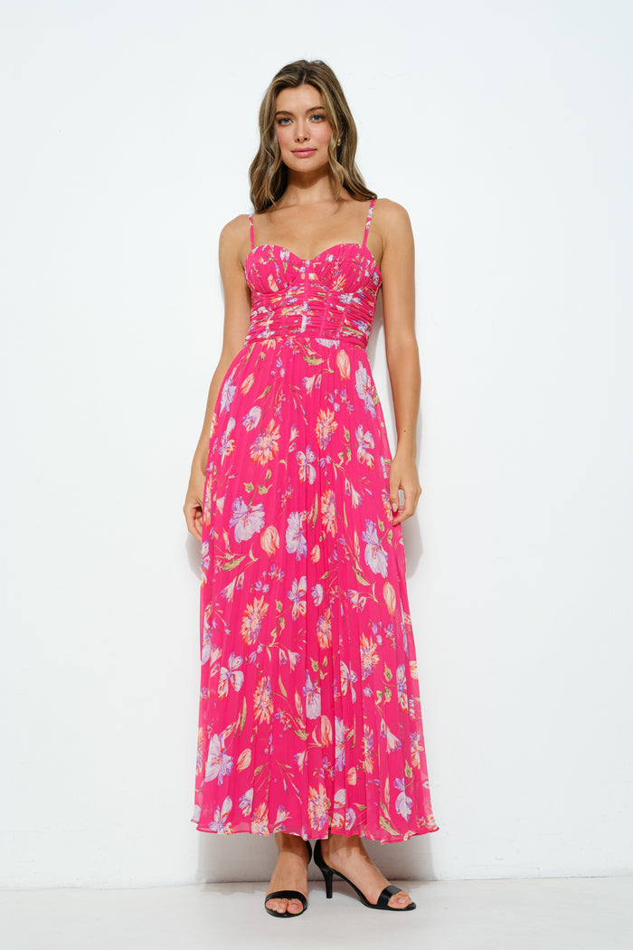 BELLA FLORAL RUCHED BUSTIER PLEATED MAXI DRESS