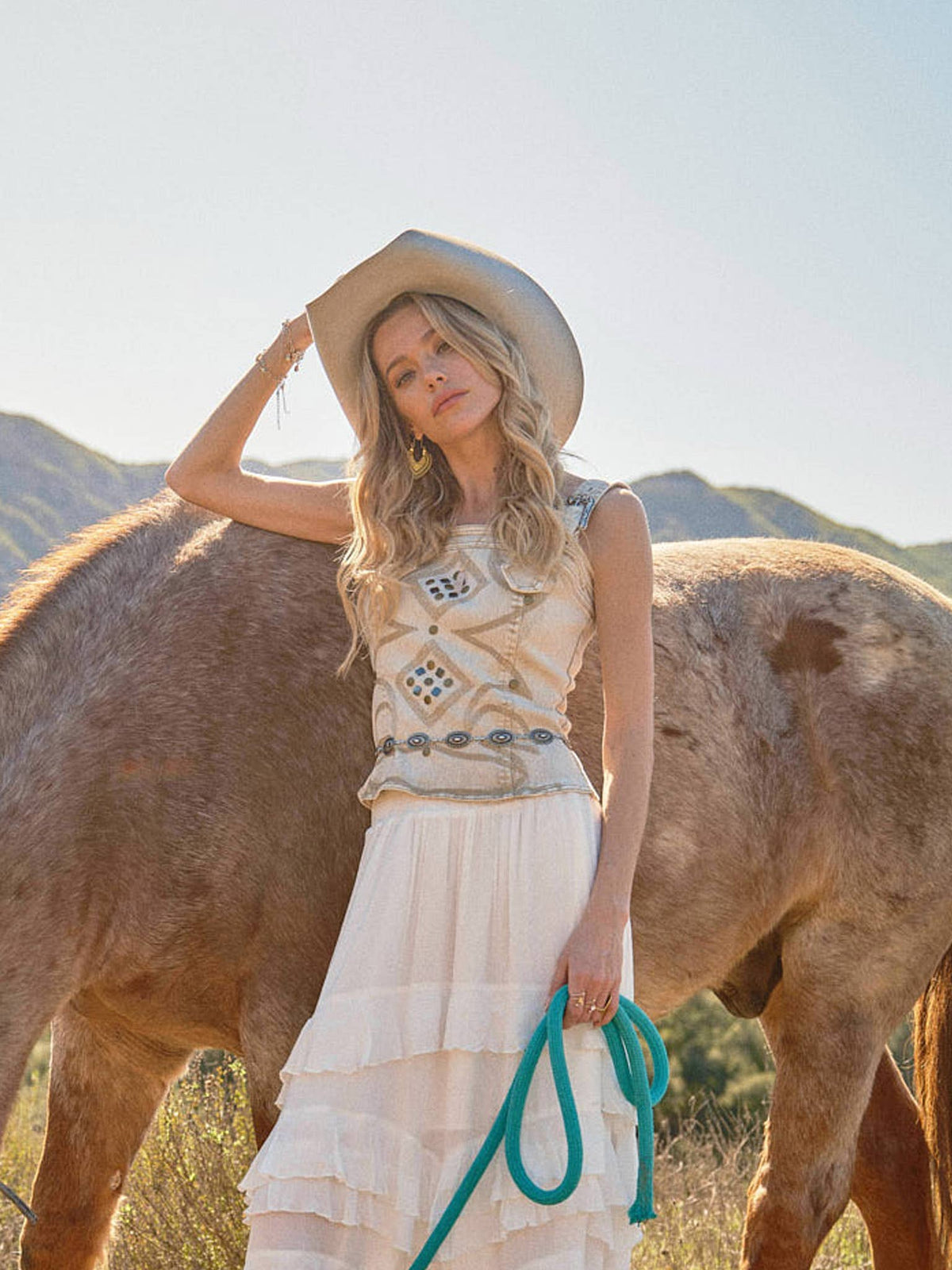 WESTERN BUCKLE STRAP EMBROIDERED DENIM TOP