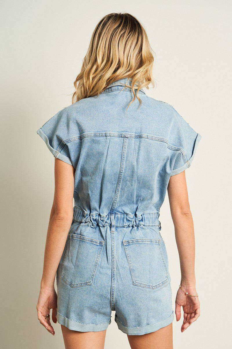 Rhinestone Detailed Denim Romper