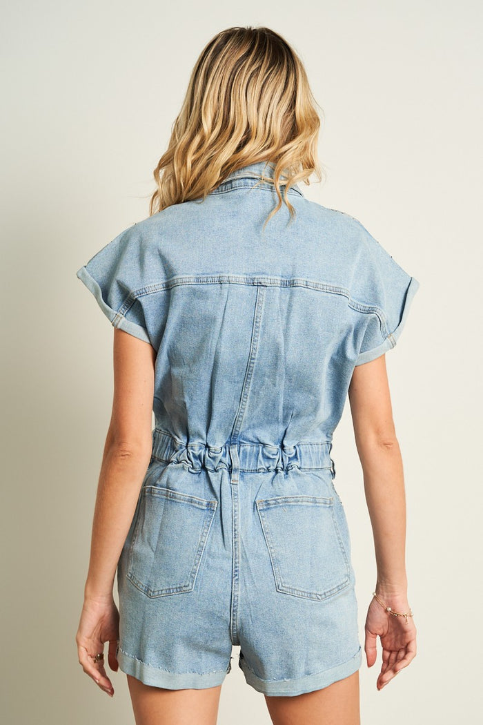 Rhinestone Detailed Denim Romper