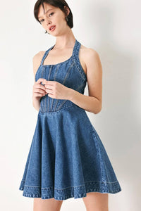 Washed Denim Halter Mini Dress