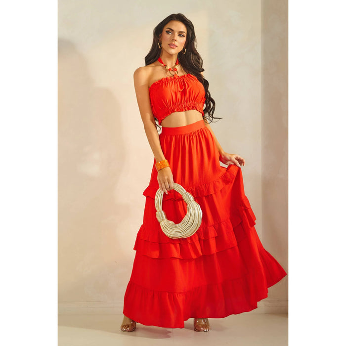 Ring Attached Shirred Tube Top & Tiered Maxi Skirt Set - Tomato Red