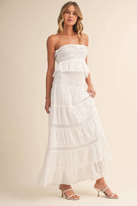 Strapless Eyelet Tiered Maxi Dress with Smocked Bodice
