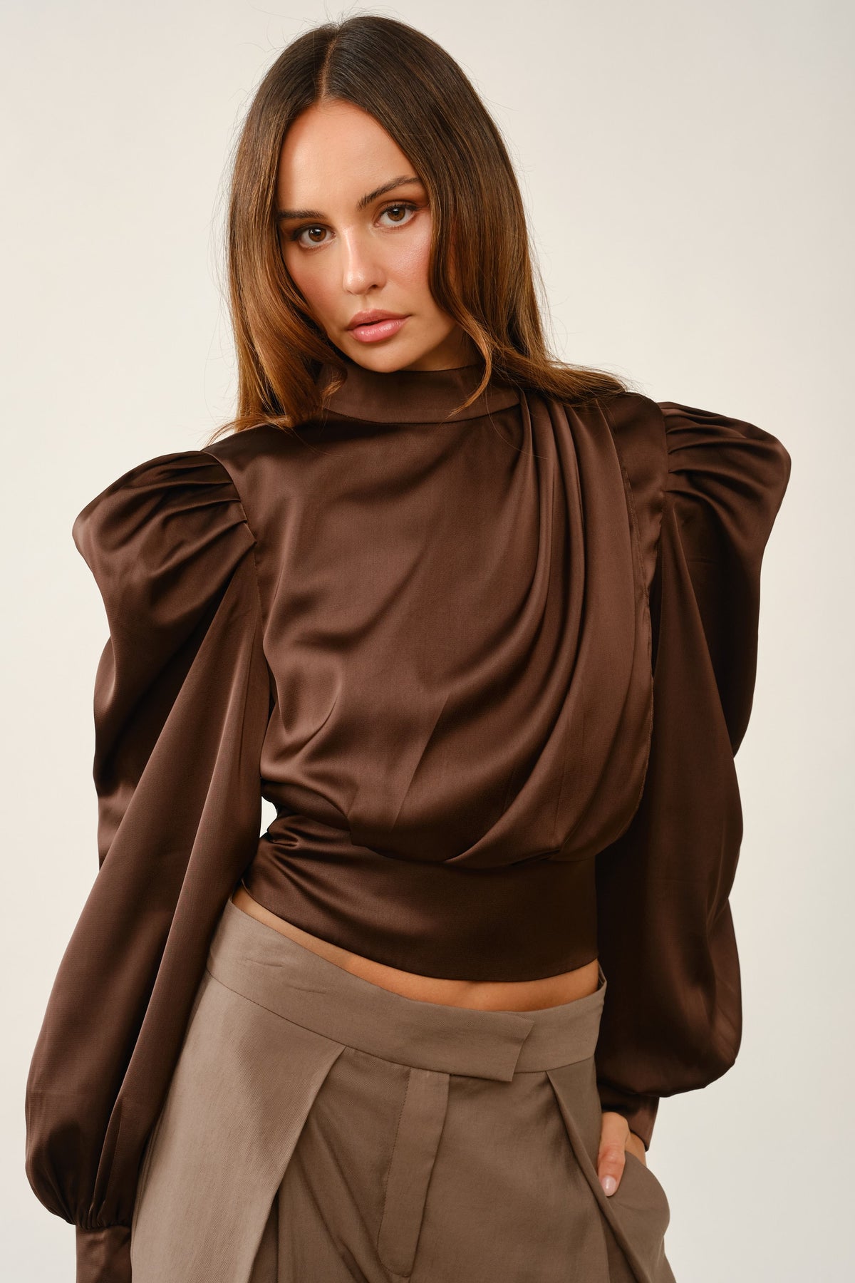Elegant Draped Satin Puff-Sleeve Blouse