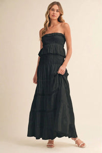 Strapless Eyelet Tiered Maxi Dress with Smocked Bodice