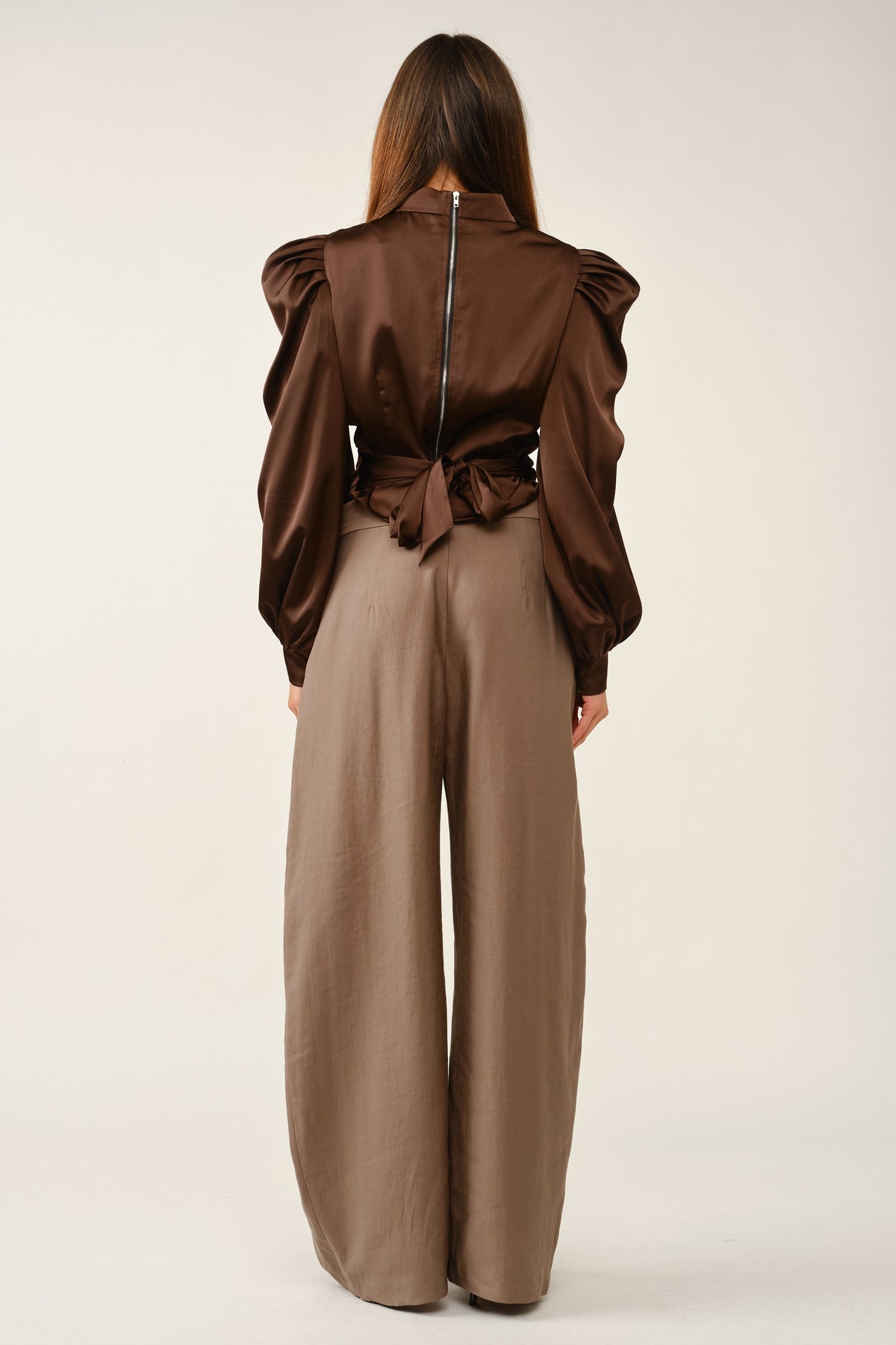 Elegant Draped Satin Puff-Sleeve Blouse