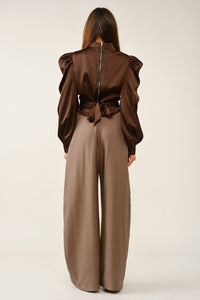 Elegant Draped Satin Puff-Sleeve Blouse
