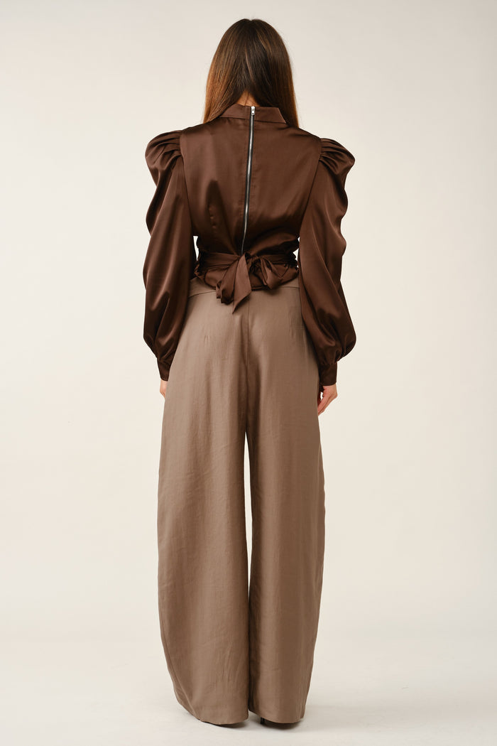 Elegant Draped Satin Puff-Sleeve Blouse