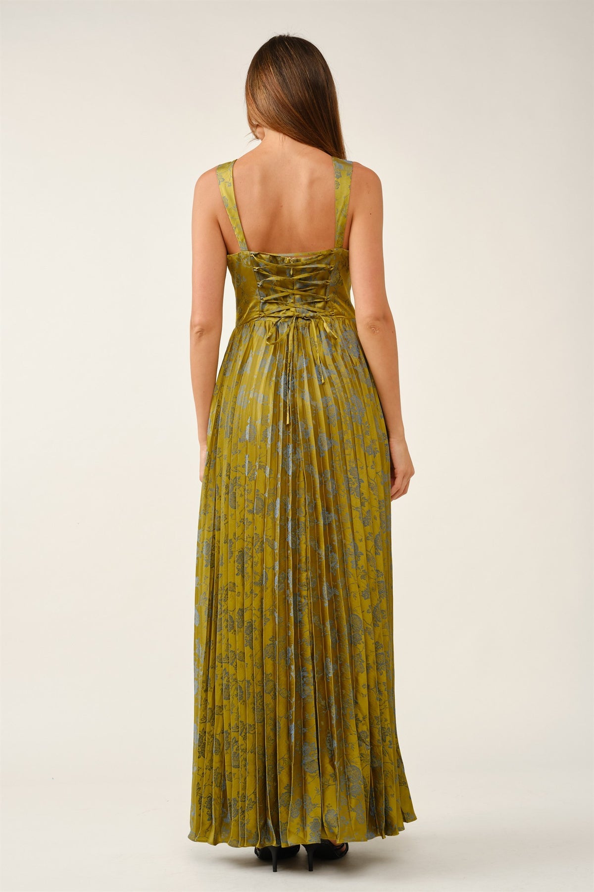 Floral Jacquard Lace-Up Pleated Maxi Dress
