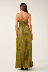 Floral Jacquard Lace-Up Pleated Maxi Dress