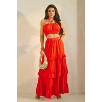 Ring Attached Shirred Tube Top & Tiered Maxi Skirt Set - Tomato Red