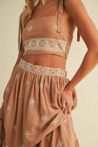 Boho Embroidered Crop Top & Tiered Midi Skirt Set