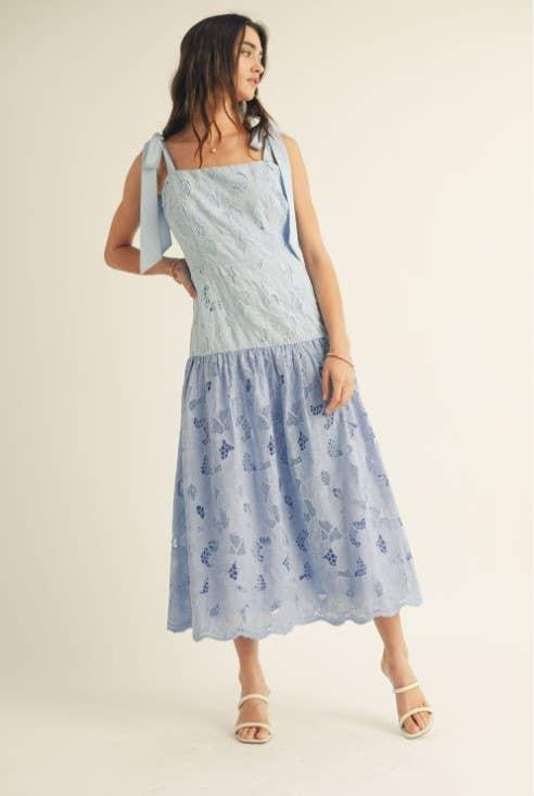 Shoulder Tie Ruffle Bottom Color Block Midi Dress