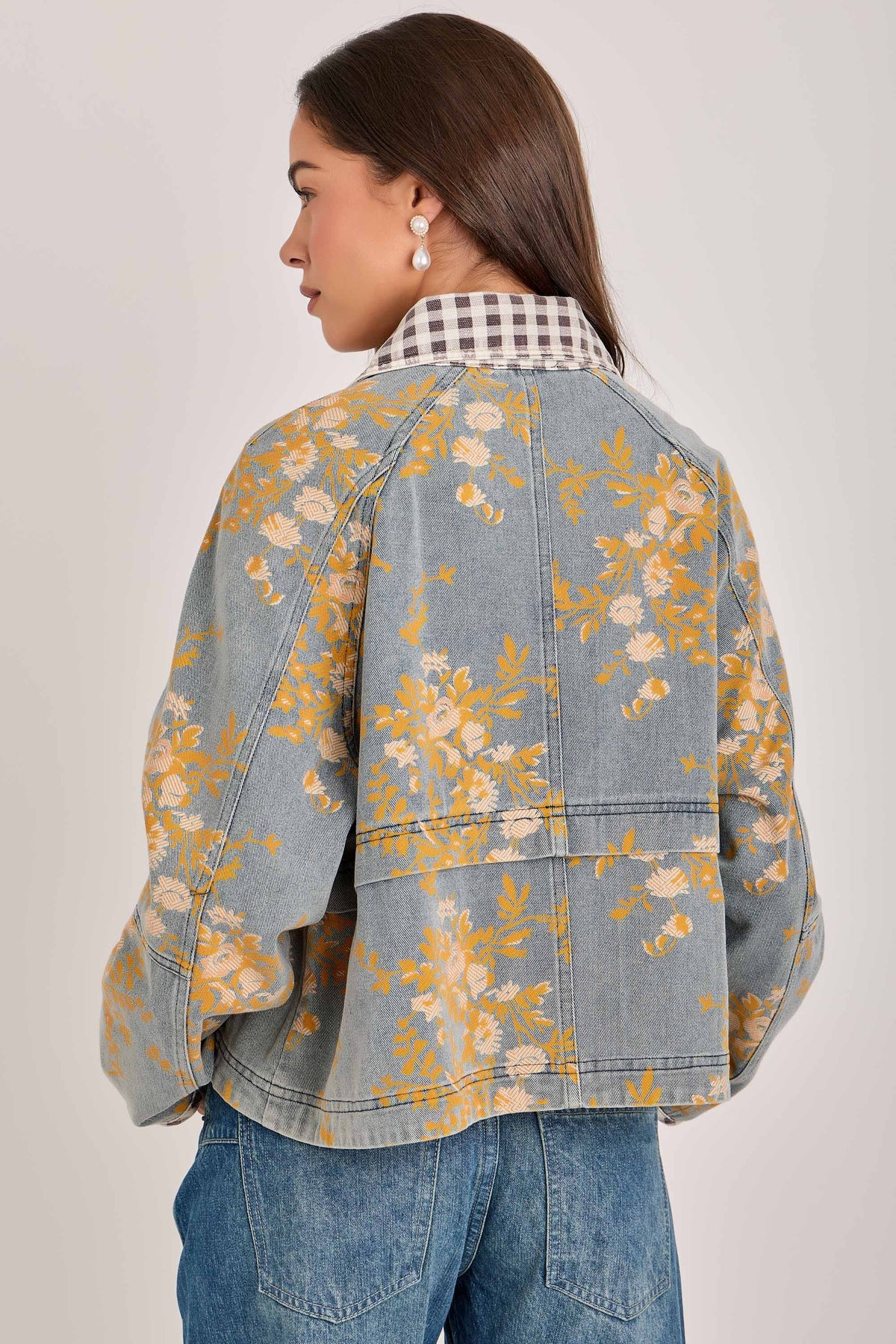 Layla Vintage Floral Denim Barn Jacket with Gingham Collar