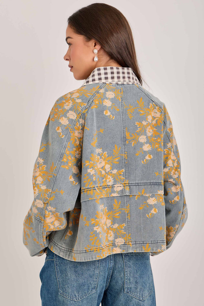 Layla Vintage Floral Denim Barn Jacket with Gingham Collar