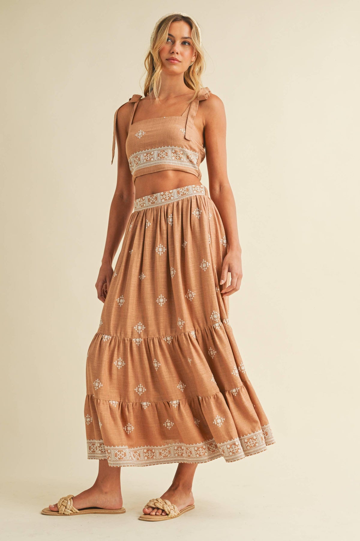 Boho Embroidered Crop Top & Tiered Midi Skirt Set
