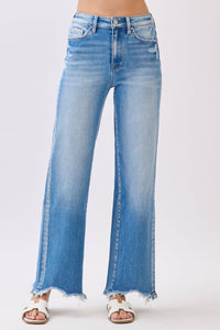 High Rise Stretch Wide Leg Jeans with Destroyed Hem