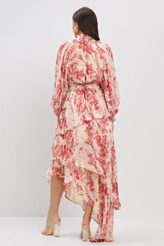 SMOCKING DETAIL ASMETRIC RUFFLE DRESS