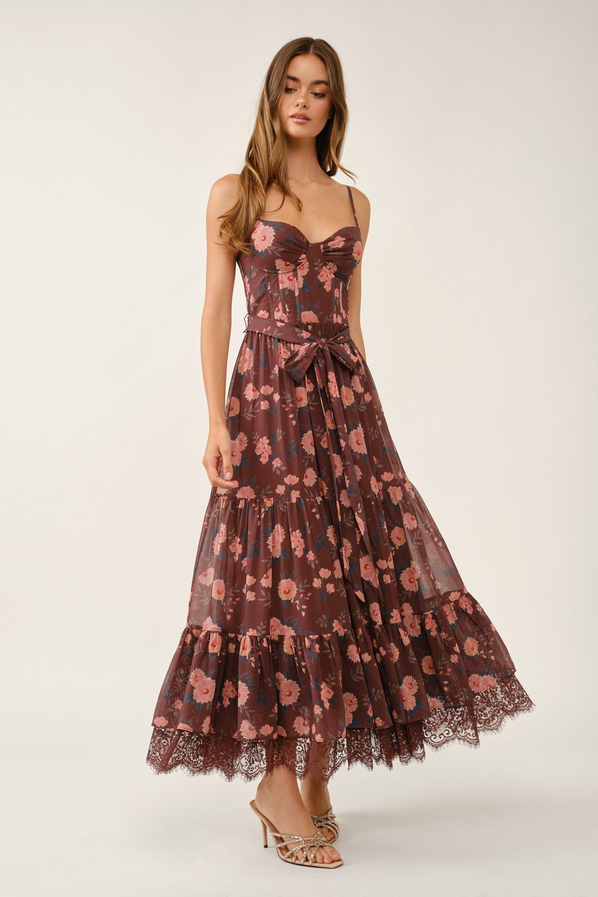 Floral Print Lace-up Corset Tiered Lace-trim Midi Dress