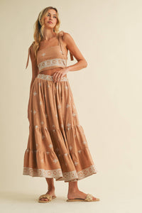 Boho Embroidered Crop Top & Tiered Midi Skirt Set