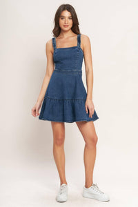 Washed Denim Mini Dress – Braided Straps & Ruffled Hem