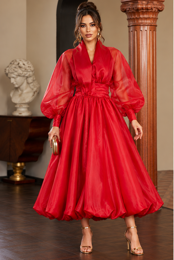 Bellz Sheer Balloon Sleeve Bubble Hem Midi Dress