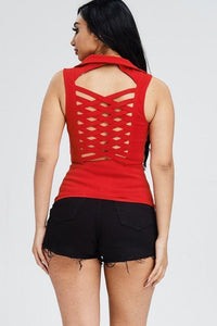 Red crisscross back top paired with black denim shorts, perfect for women's fashion and vacation outfits.