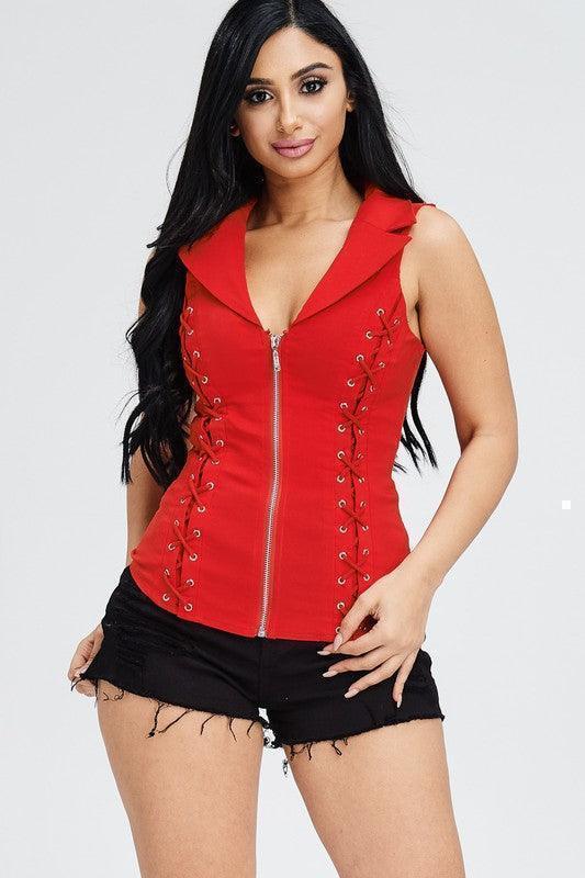 Red lace-up sleeveless top paired with black denim shorts for women's fashion