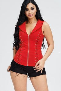 Red lace-up sleeveless top paired with black denim shorts for women's fashion