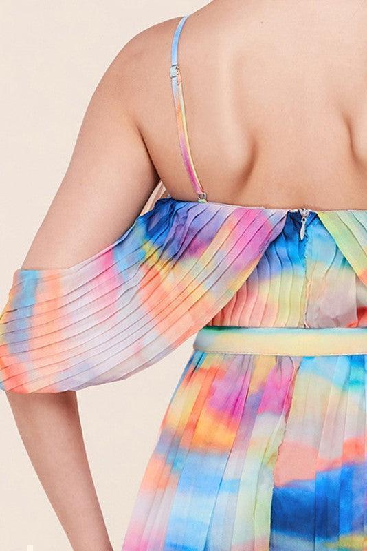 Colorful pleated maxi dress with off-shoulder design, perfect for vacation outfits or women's fashion