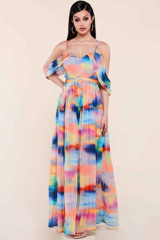 Colorful tie-dye maxi dress with off-shoulder sleeves, perfect for vacation outfits or women's fashion trends.