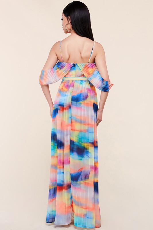 Colorful tie-dye maxi dress with off-shoulder sleeves, perfect for vacation outfits or women's fashion
