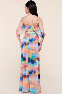 Colorful tie-dye maxi dress with off-shoulder sleeves, perfect for vacation outfits or women's fashion