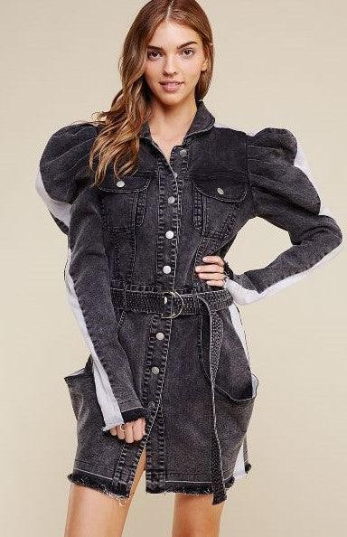 Stylish denim dress with puff sleeves, perfect for women's fashion and vacation outfits.