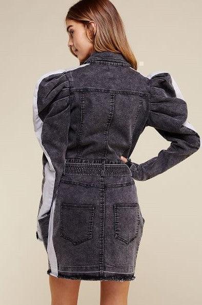 Stylish denim dress with puff sleeves, perfect for women's fashion and vacation outfits.
