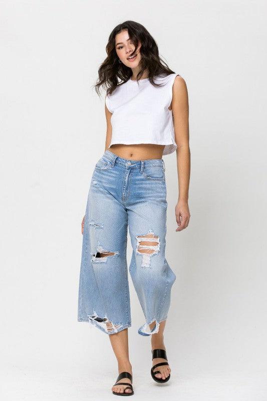 HIGH RISE DISTRESSED CROP WIDE LEG JEAN - PRIVILEGE 