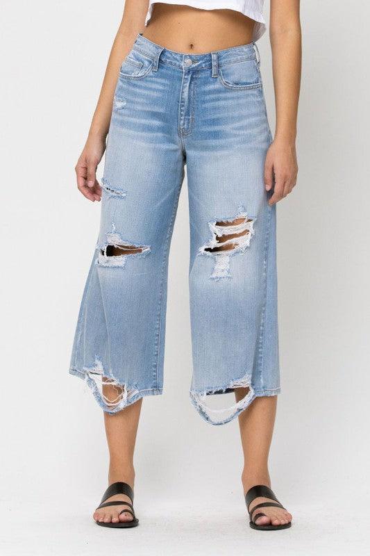 HIGH RISE DISTRESSED CROP WIDE LEG JEAN - PRIVILEGE 