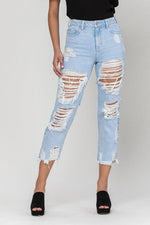 High Rise All Over Distress Straight JEANS - PRIVILEGE 