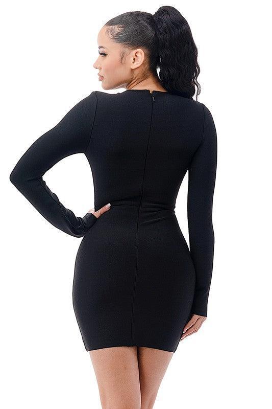 RHINESTONE TRIM BANDAGE DRESS - PRIVILEGE 