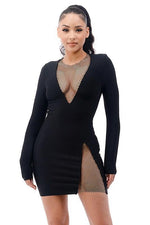 RHINESTONE TRIM BANDAGE DRESS - PRIVILEGE 