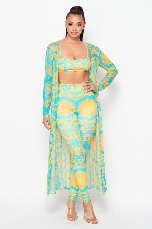 PRINTED BRA, LEGGINGS, AND CARDIGAN SET - PRIVILEGE 